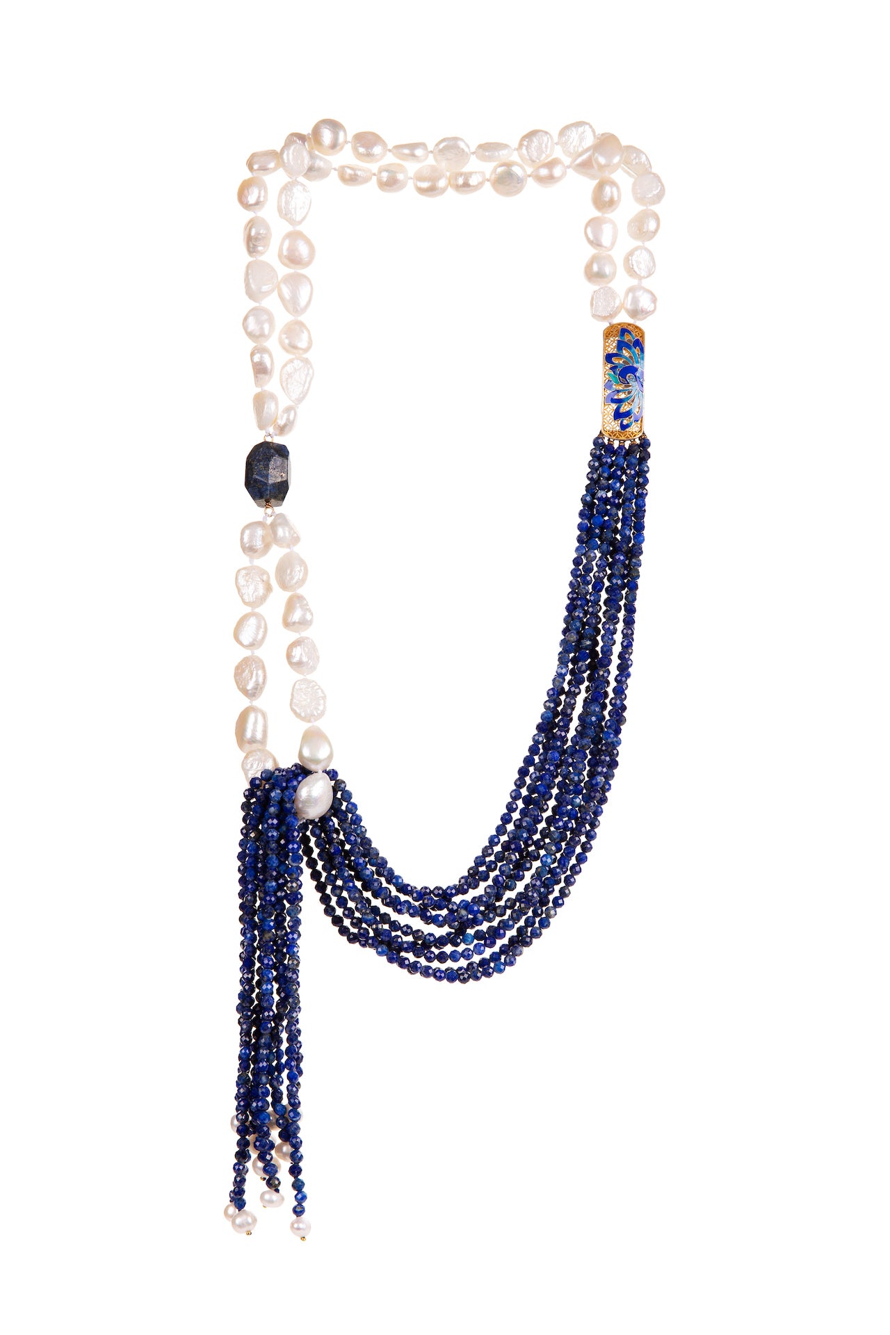 Lariat necklace lapis lazuli freshwater pearls