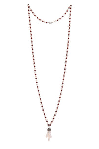 Dynamic combination of warm, passionate, deep red burgundy garnet round stones and freshwater pearls inspired the title: Deep Love. And as with love it can't be without that 'special touch'. In this case it is a charm made of brass and organic shape keishi pearl. You can wear it as a long single necklace, usual length double or choker style triple necklace.