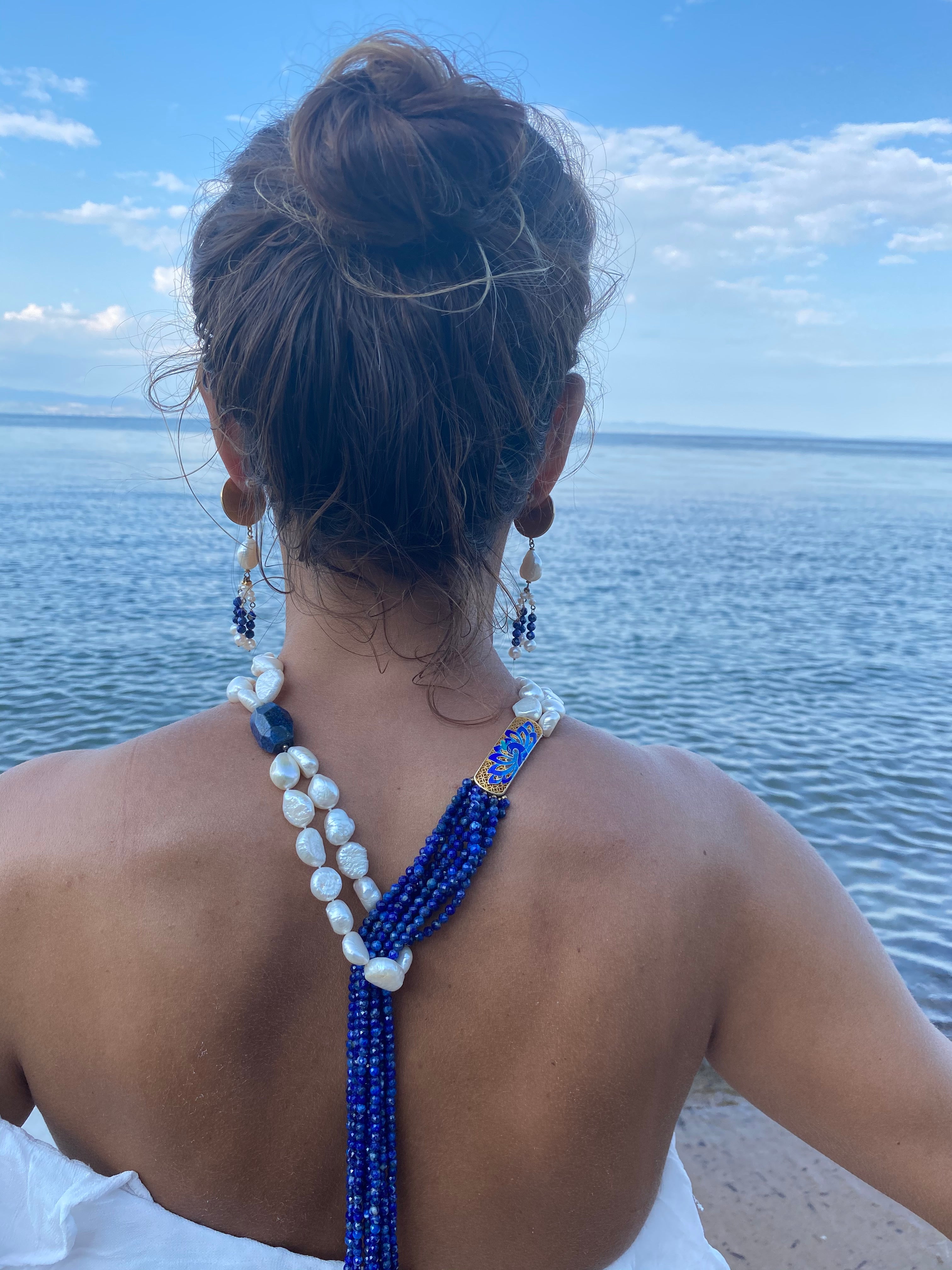 necklace freshwater pearls and lapis lazuli enamel detail