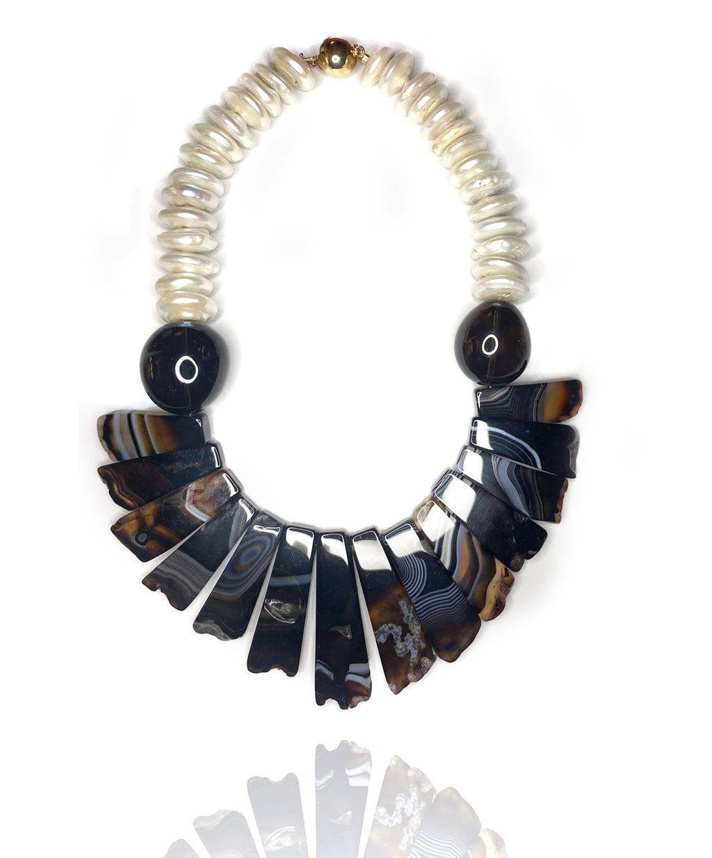 Exotic, tribal style necklace inspired by travel to the 'wilderness'. Mix of shell pearls, black and caramel agate chunks, smokey quartz and gold plated silver magnetic clasp. Dare to wear this adventurous yet stylish statement piece.