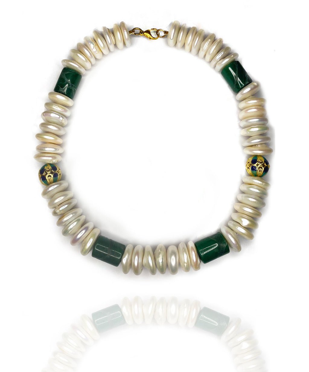 Welcome to the magical garden of lovingly designed combination of shell pearls, jade and enamel in sterling silver. East to wear and match almost every outfit.